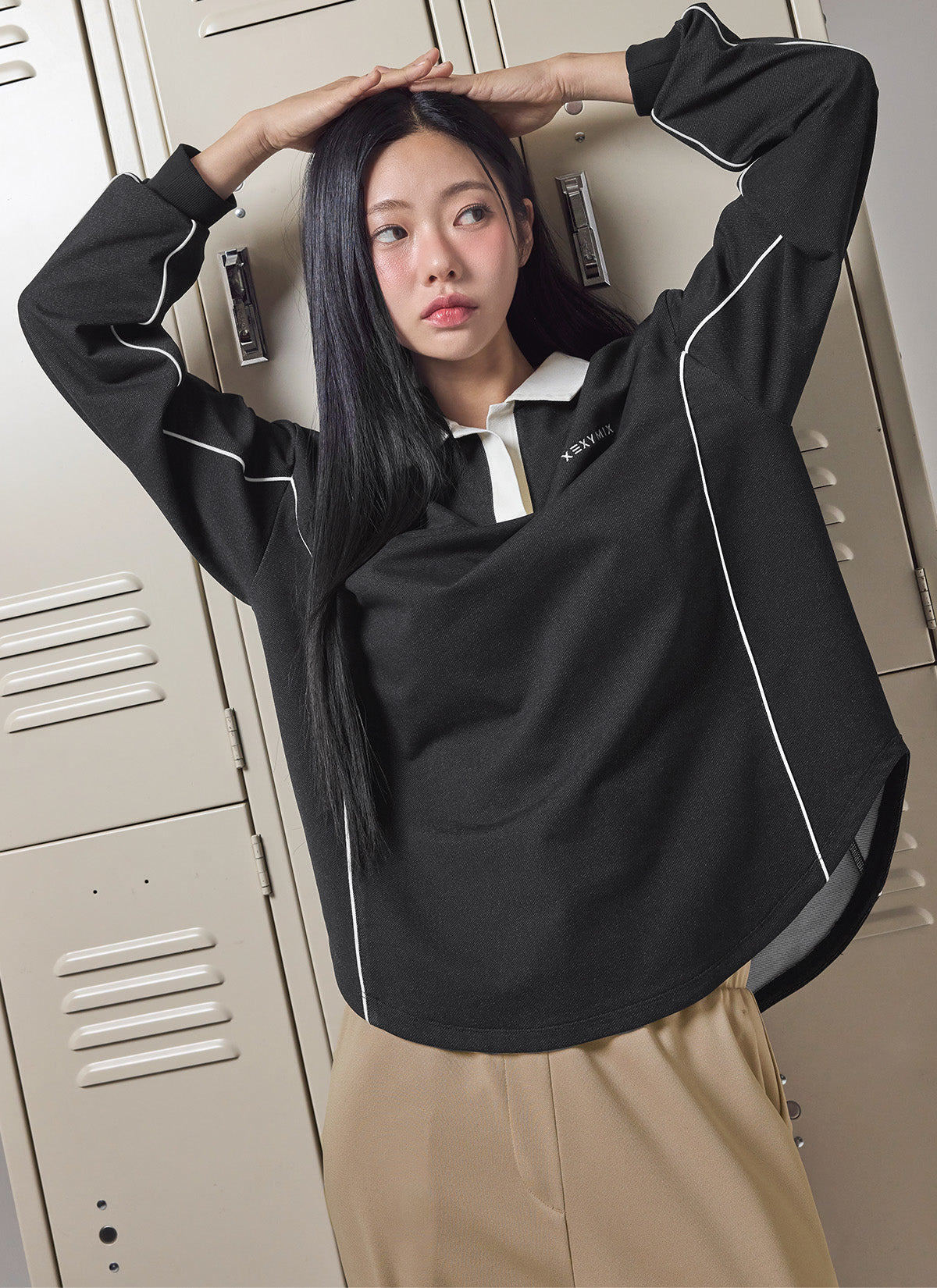 Contrast Collar Piping Loose Fit Long Sleeve