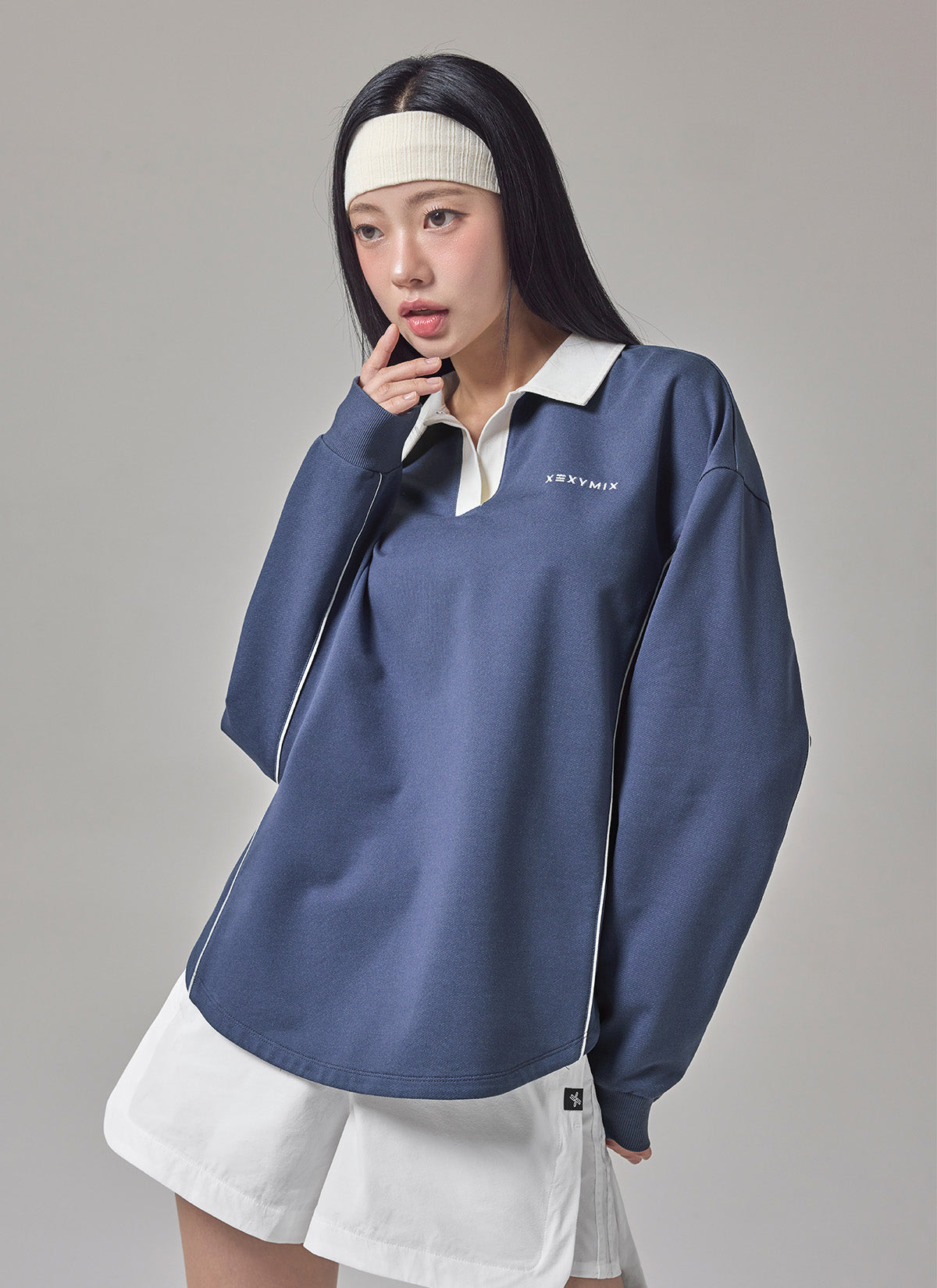 Contrast Collar Piping Loose Fit Long Sleeve