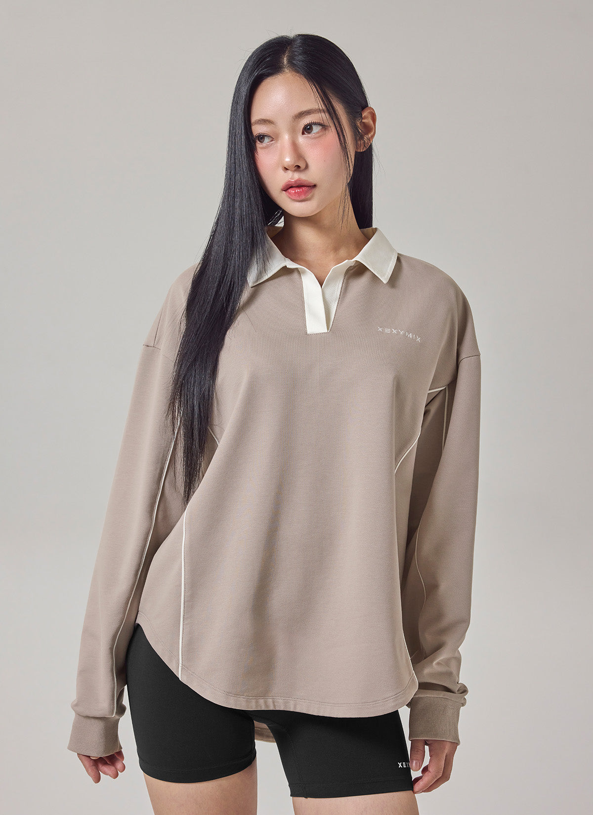 Contrast Collar Piping Loose Fit Long Sleeve
