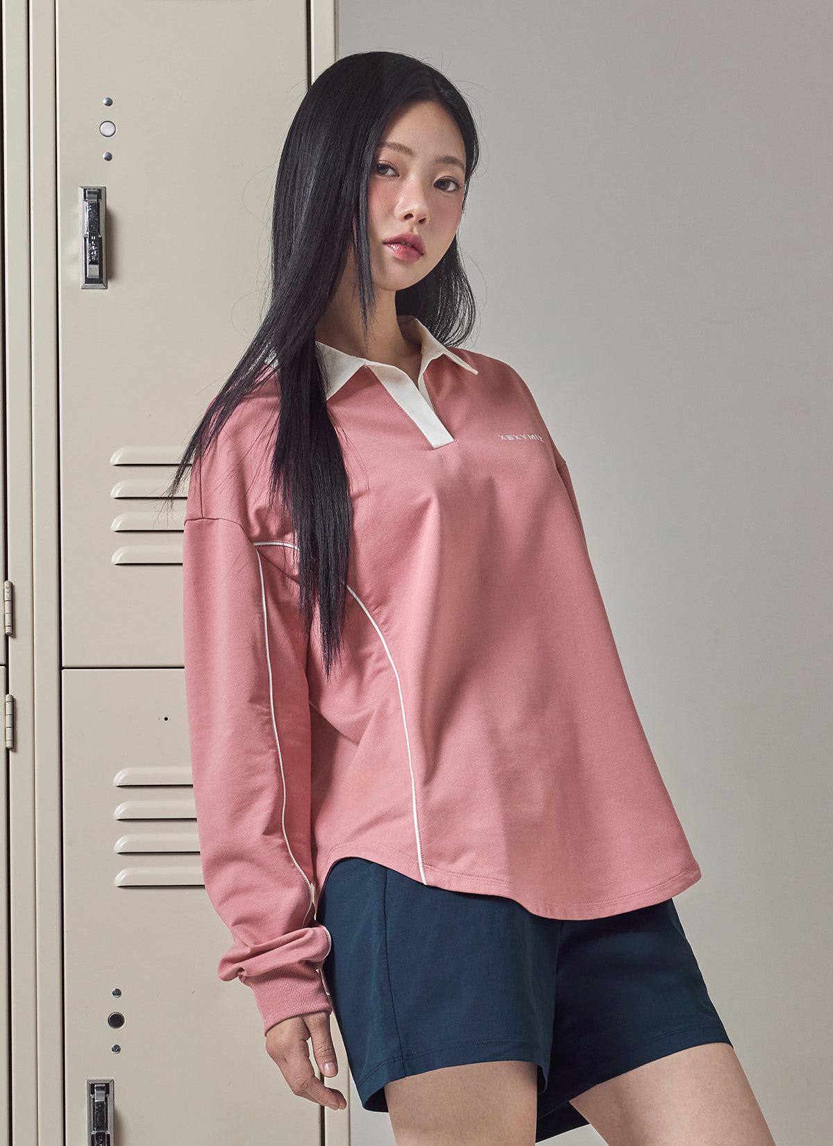 Contrast Collar Piping Loose Fit Long Sleeve